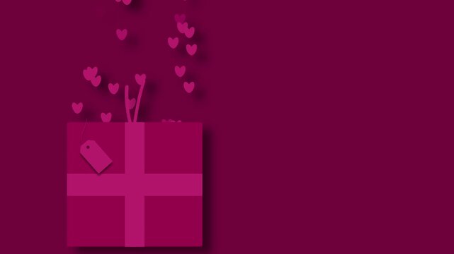 Pink Valentine gift box with floating hearts pattern red background 