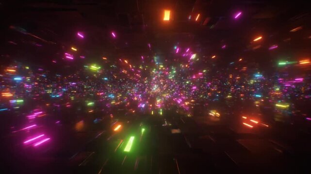 Abstract digital space with vibrant glowing particles against dark background