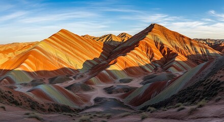Panoramic view of the colorful Rainbow Mountains of Zhangye National Geopark in China during sunset.