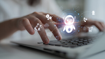 Obraz premium AI assistant connects services for automation, support and commerce, linking calls, documents and shopping. AI improves workflow, boosts productivity, and speeds decisions. Corpus