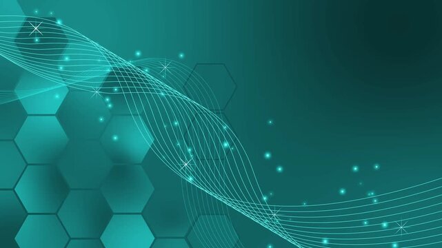 Abstract tech background with flowing light wave animation, hexagonal pattern and small glowing particles