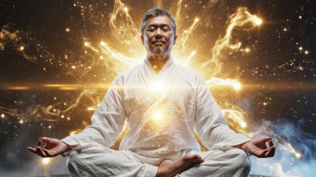 Person meditating in a dark room with light shining from their chest at a meditation session