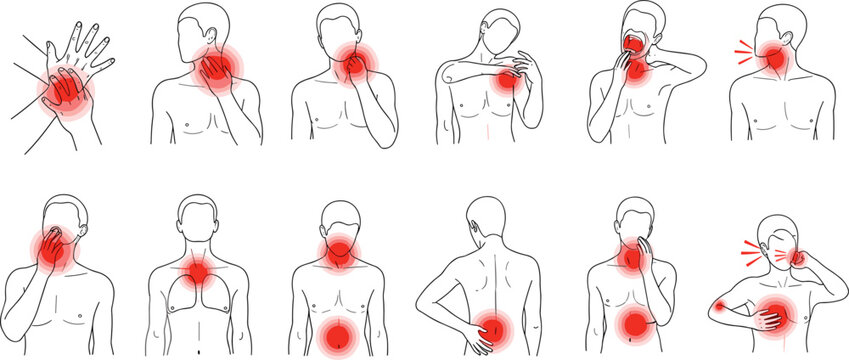 Line art vector illustration set of human body silhouettes with red pain circles indicating areas of ache including back neck chest joint healthcare and pharmaceutical design.