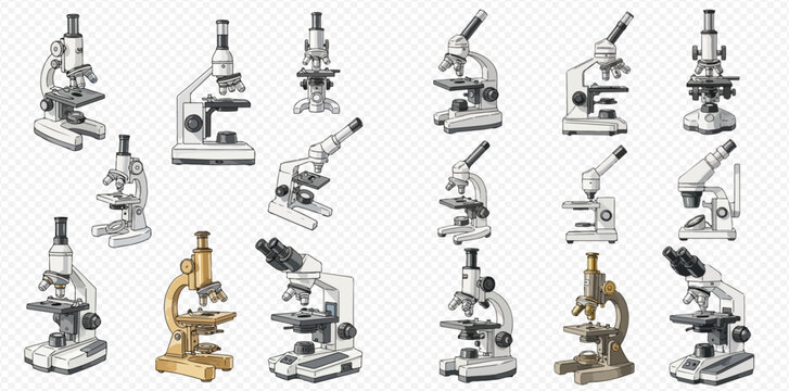 Collection of various laboratory microscopes for scientific research and education on a transparent background.