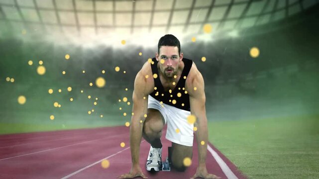 Male sprinter launching on cue, driving as Bitcoin coins and gold trailing around torso for finance
