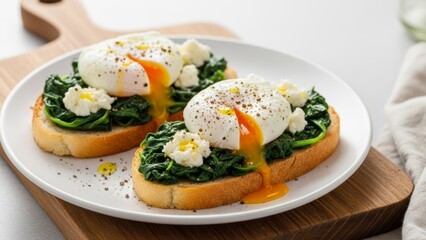 Three poached eggs on spinach toast with ricotta on white plate for breakfast menu photography and recipe banner use