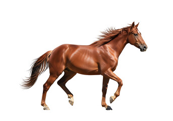 Obraz premium A galloping brown horse in motion, showcasing its mane and muscular structure from a side viewpoint.
