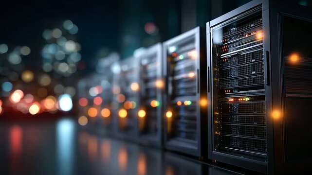 Collection of server unit with front panel heavily defocused background displaying diagnostic information and status lights full length isolated on transparent backdrop data