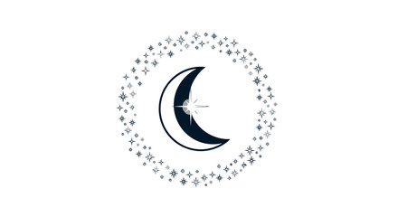 Obraz premium Stylized crescent moon with a star surrounded by a circular frame of smaller stars on an isolated white background.