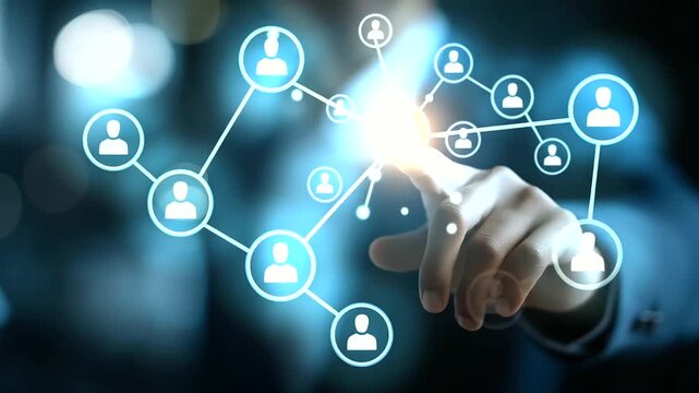 Customer relationship management CRM concept heavily defocused background faceless businessman touching customer icon client database system visualization marketing technology