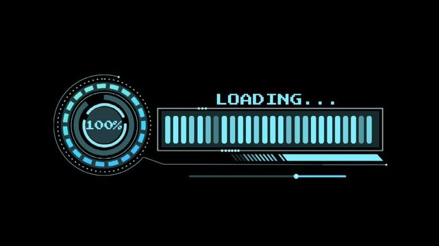futuristic loading interface with progress bar and 100 percent indicator on black screen background digital tech animation