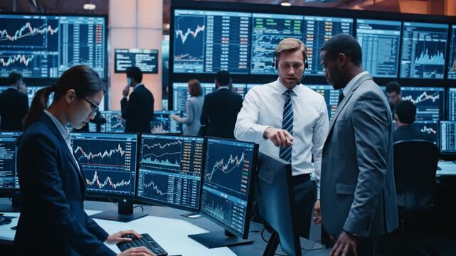 A smiling business team of businessmen and businesswomen works on a laptop together in a modern office