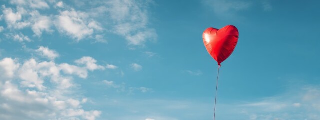 Obraz premium Heart-Shaped Balloon Floating Gracefully in a Bright Blue Sky Surrounded by Soft White Clouds