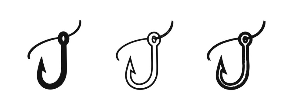 Fishing hook with line icon set in solid, outline, and hand-drawn doodle styles, perfect for angling and outdoor themes.