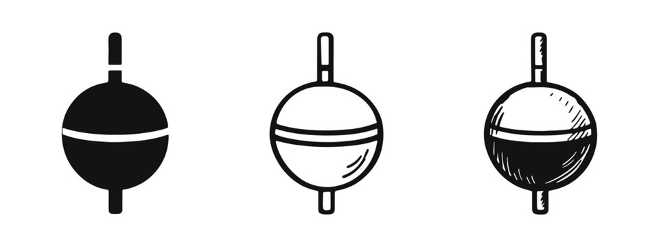 Fishing float icon set featuring solid, outline, and hand-drawn doodle styles for angling and outdoor activity designs.