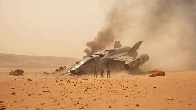 Armed security team standing guard in front of crashed spacecraft. Futuristic soldiers protecting wreckage in desert environment. Panning wide shot.