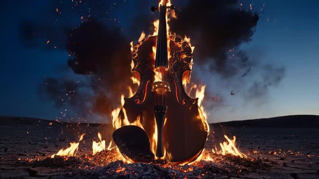 Burning double bass on a dark beach at dusk.