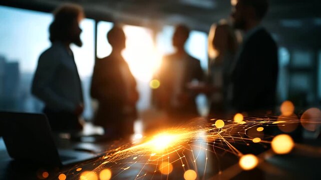 Faceless diverse team collaborating around glowing holographic data interface heavily defocused sunlit office background anonymous professionals with innovation digital transform