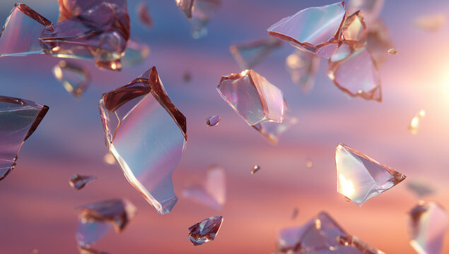 Translucent Glass Fragments Floating in Sunset Light Glassmorphism and Data Visualization Concept