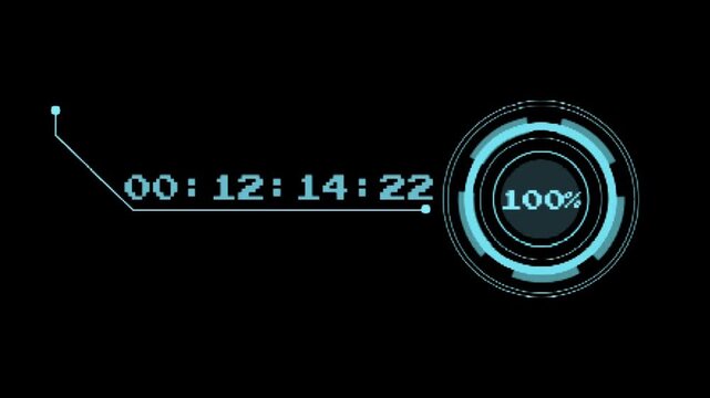 futuristic hud interface with timer and circular progress showing 100 percent on black screen background tech animation