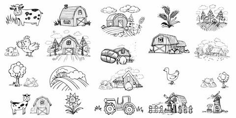 Whimsical farm scene featuring barn animals and countryside elements © John Lee