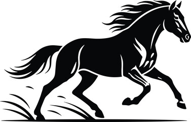 Galloping Horse Silhouette: Dynamic Black and White Illustration of a Powerful Stallion Running Through Grass for Strength, Freedom, and Speed Concept