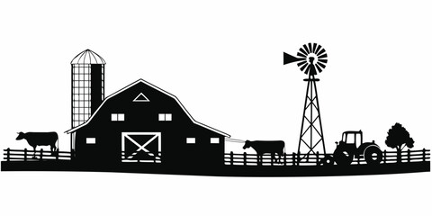 Black and white silhouette of a rural farm scene with livestock © John Lee