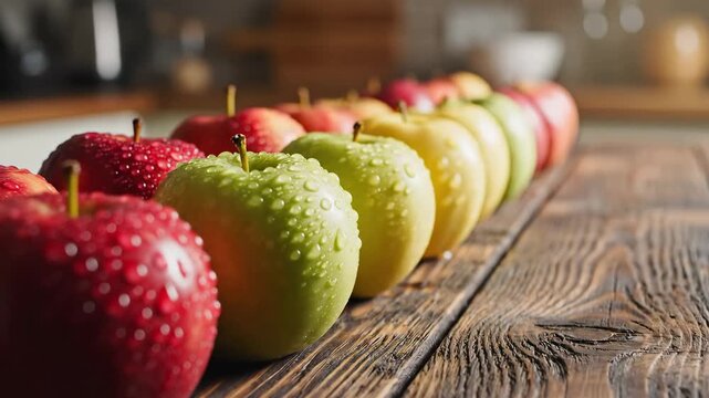Vibrant line of fresh red and green apples on rustic wooden table in kitchen setting