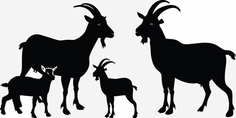 A family of goats depicted in a striking black silhouette illustration © John Lee