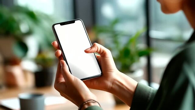 Faceless hands holding smartphone with blank screen heavily defocused background isolated on transparent backdrop anonymous user with mobile device mockup digital display