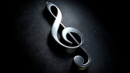 A metallic treble clef symbol with sharp reflections on a black matte background, emphasizing sleek design and musical elegance.