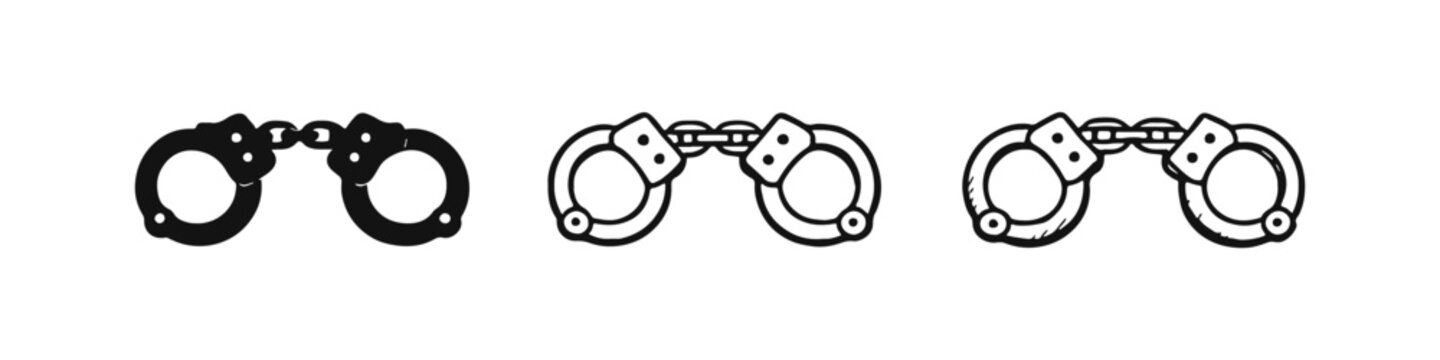Handcuffs Icon Set in Black, Outline, and Hand-drawn Doodle Styles