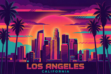 vibrant los angeles california poster with large sun and skyline