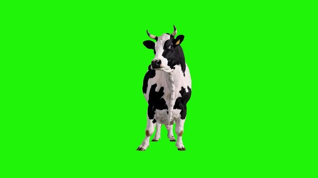 A 3D animated black and white spotted cow standing on its hind legs and performing a joyful dance. Isolated on a green chroma key background for creative and humorous video production.