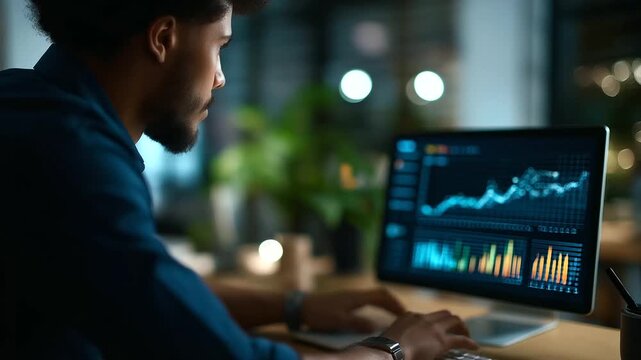Faceless professional analyzing data insights heavily defocused advanced analytics dashboard background anonymous worker using interface visualization business intelligence