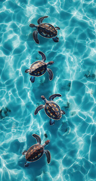 Turtle design with ocean blue and turquoise colors, sea turtles swimming in the water, beach towel design