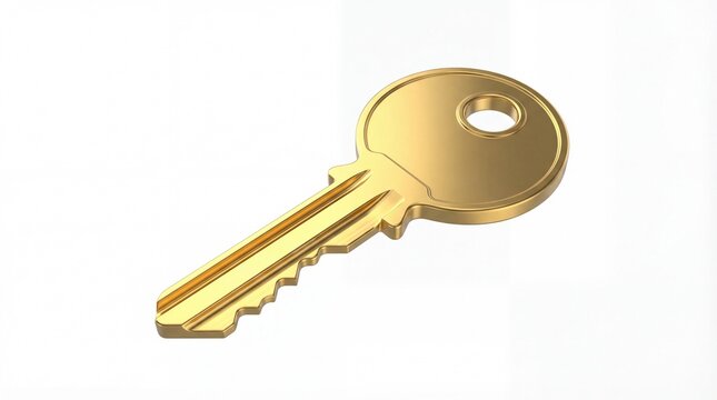 Golden key with serrated teeth and round head on white background symbolizing access and security