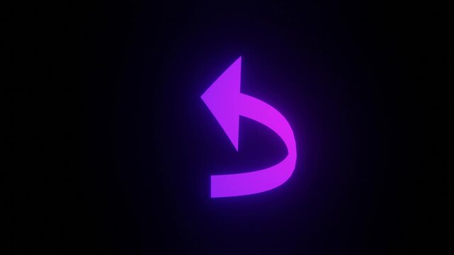 Animated curved return arrow in purple cyberpunk style, purple neon glowing back arrow looping animation on black background