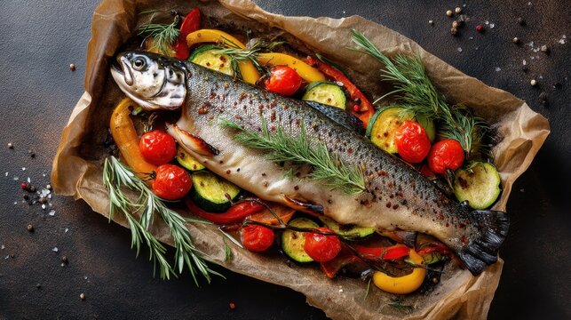 Whole grilled trout on bed of vegetables with herbs and spices.