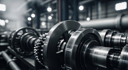 Fototapeta premium Close up of metal industrial machinery and gears in factory