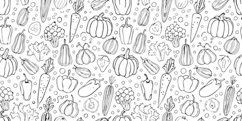 Black and white seamless pattern of various sketched vegetable illustrations