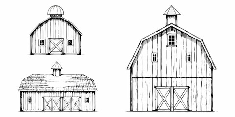 Detailed black and white sketch of three different barn structures © John Lee