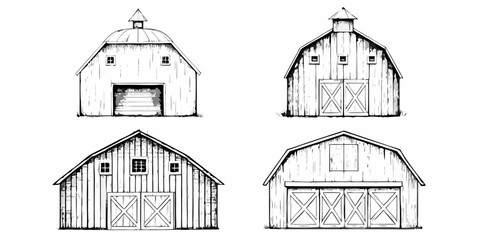 Detailed sketches of four different barn structures in black and white © John Lee