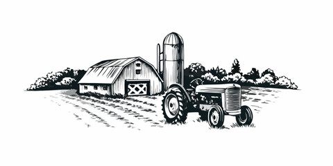 Vintage farm scene featuring a tractor barn and silo illustration © John Lee