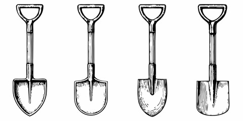 Four vintage shovel illustrations arranged in a horizontal row © John Lee
