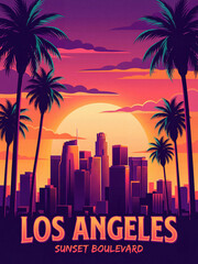 los angeles sunset boulevard poster with palm silhouettes and skyline