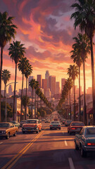 los angeles street with cars and palm trees at sunset