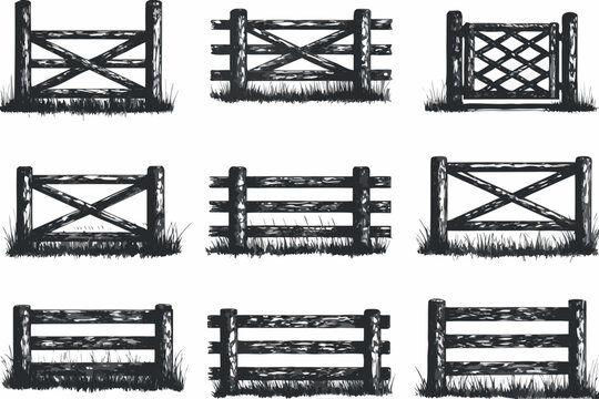 A collection of nine black and white illustrations of wooden fences