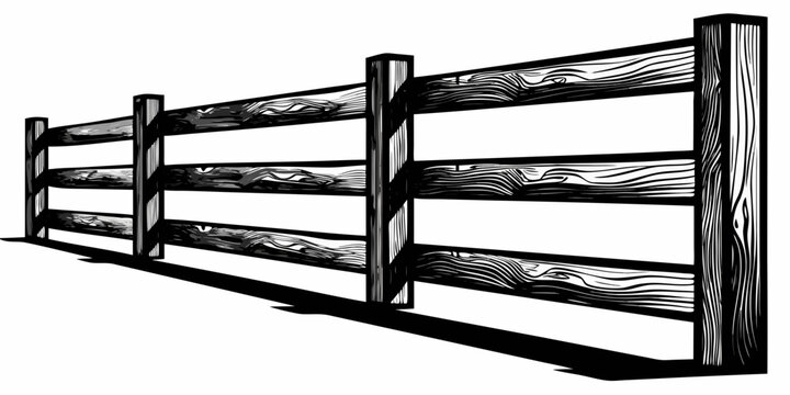 Black and white illustration of a wooden post and rail fence