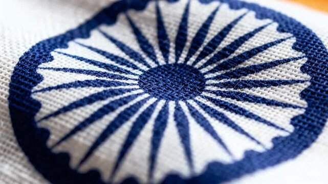 Moving macro camera showing navy Ashoka Chakra on white cotton, saffron and green, to show weave